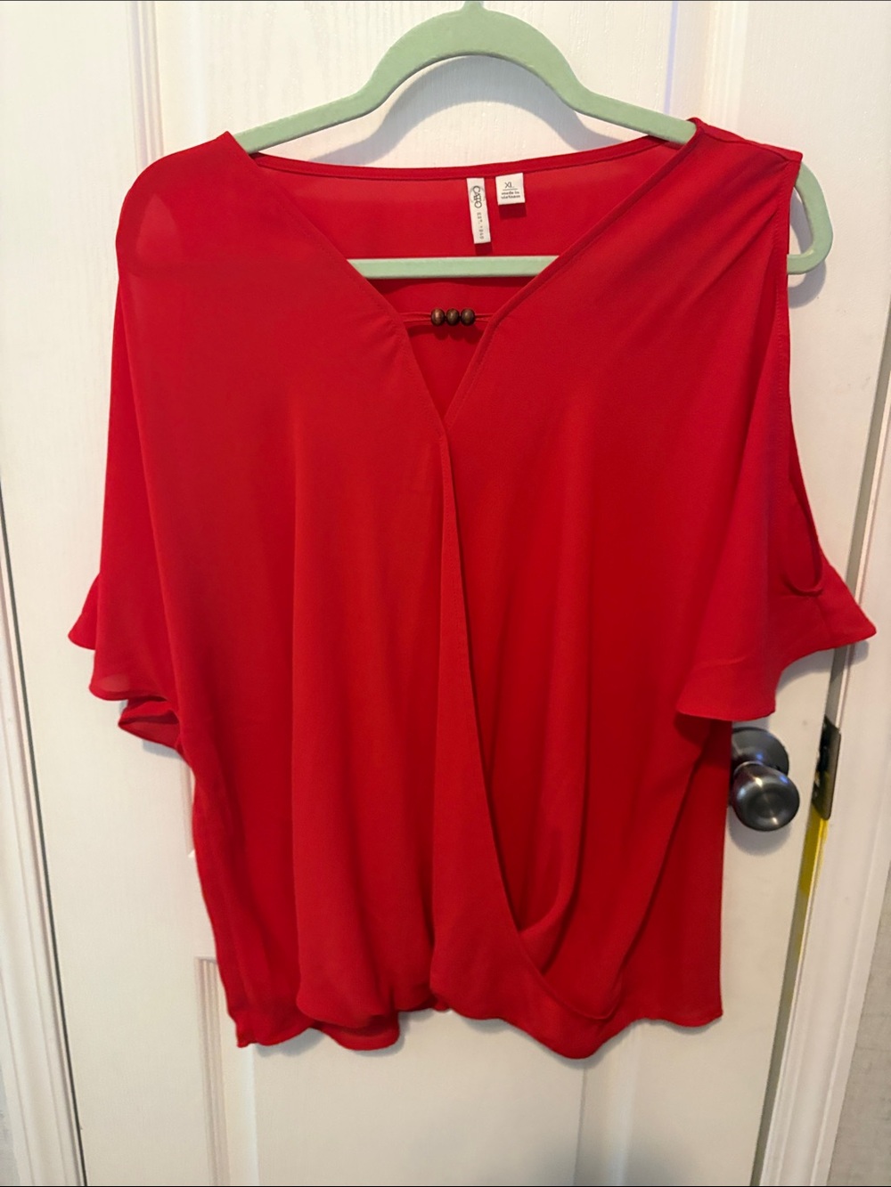 Cato Vibrant Red Cold-Shoulder Draped V-Neck Blouse